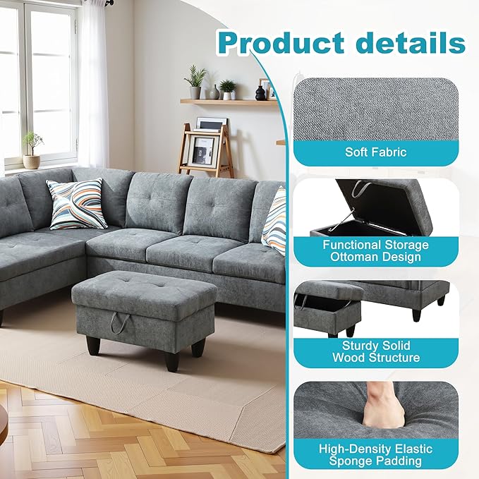 L Shaped Couch Modern Sectional Couch Upholstered Fluffy Fabric 3 Pieces Sofas - Image 5