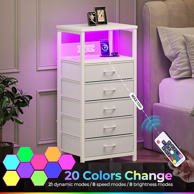 Seventable Night Stand with Charging Station, Tall Nightstand with 5 Fabric - Image 6