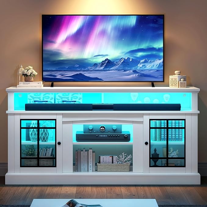 YITAHOME White TV Stand for 75 Inch TV, LED Modern Entertainment Center by YITAHOME