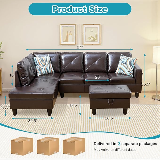 L Shaped Couch Faux Leather Sectional Couch Upholstered 3 Pieces Sofas - Image 2