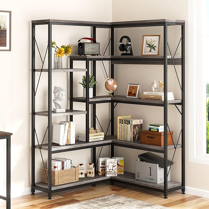 Shintenchi 5 Tiers Corner Bookshelf, 70.86" Tall L-Shaped Bookcase, Large - Image 2