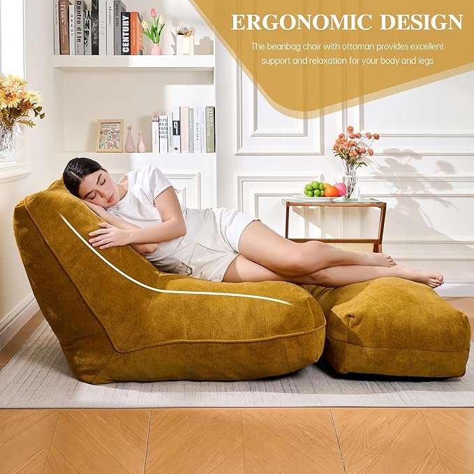 Bean Bag Chair with Ottoman, Comfy Bean Bag Sofa with Memory Foam, Lazy BeanBag - Image 4