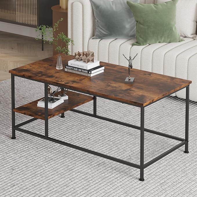 SENIG Brown Rectangle Wood and Metal Coffee Table - Image 6