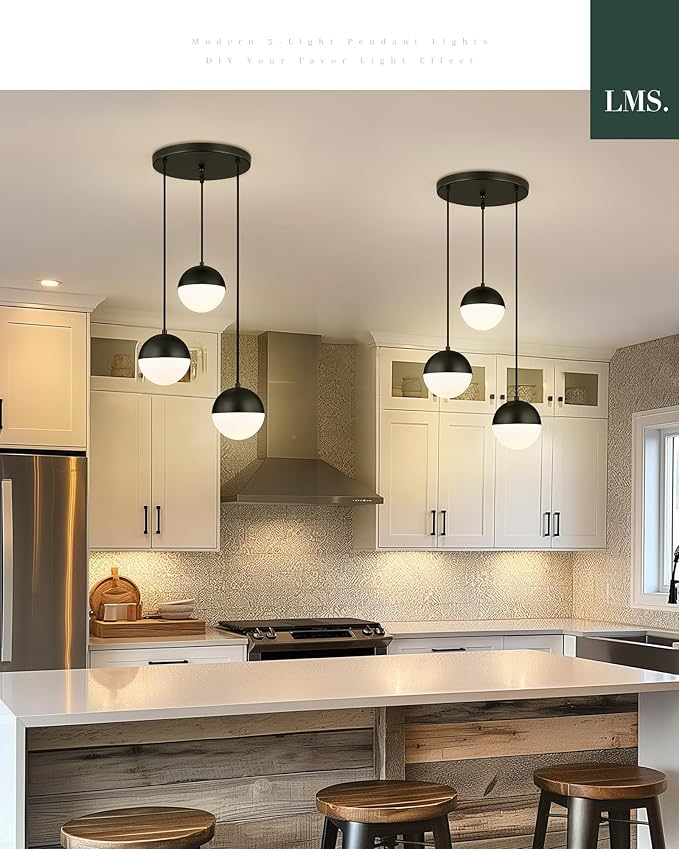 LMS Mid Century 3-Light Cluster Pendant Lights, Matte Black Kitchen Island - Image 2