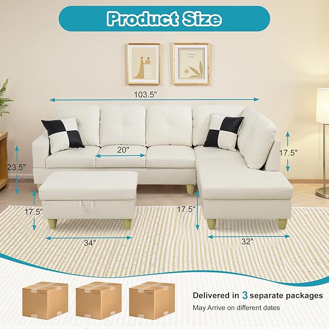 Couches for Living Room Faux Leather L Shaped Couch Comfy 3 Pieces Sectional - Image 2