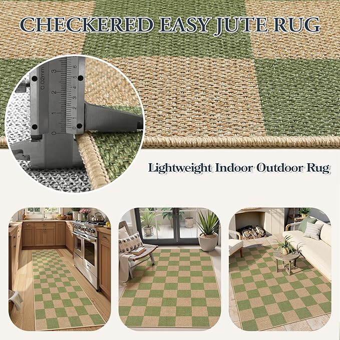 Lahome Checkered Entryway Runner Rug, 2x8 Green Washable Rug Runners - Image 5