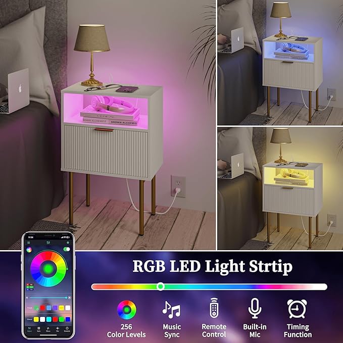 Modern Nightstand with Charging Station and LED Lights, Fluted Side Table - Image 4