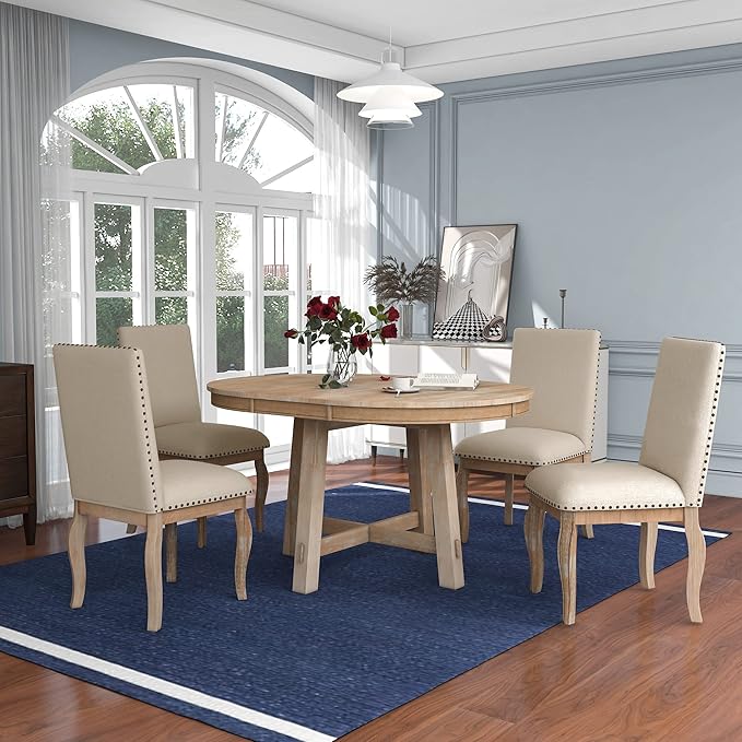 Merax 5-Piece Farmhouse Dining Furniture Set, Wooden Round Extendable Table by Merax
