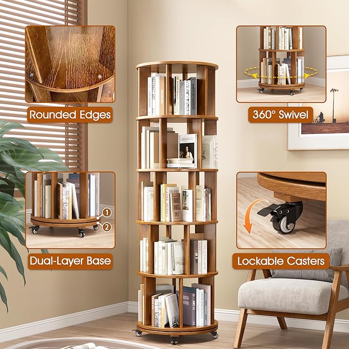 5 Tier Rotating Bookshelf Tower Spinning Bookshelf - Image 6