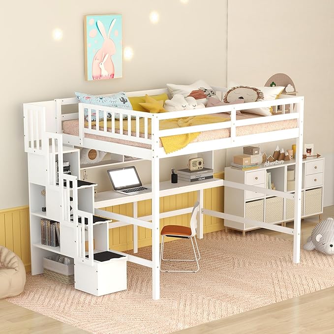 HomSof Full Size Loft Bed with Built-in Desk, Bookshelves and Storage Staircase by HomSof
