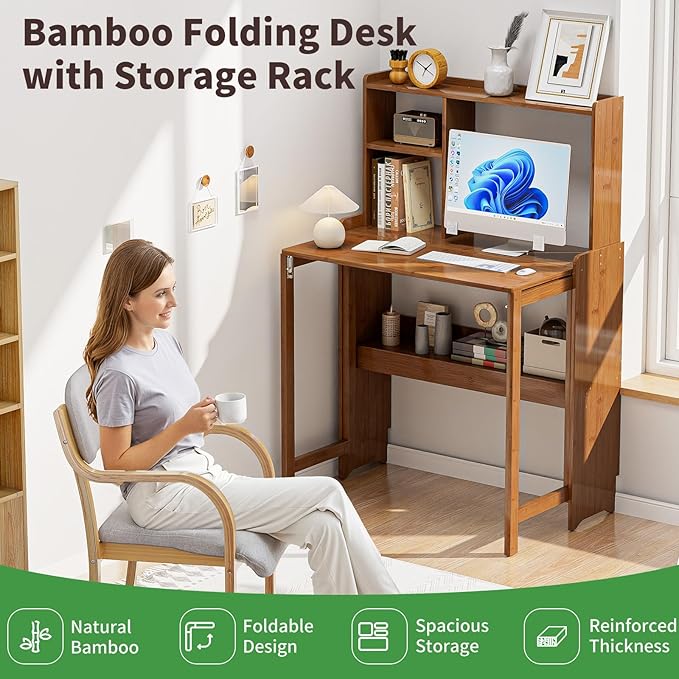 Bamboo Folding Desk with Storage Rack Mid Century Modern Desk - Image 3