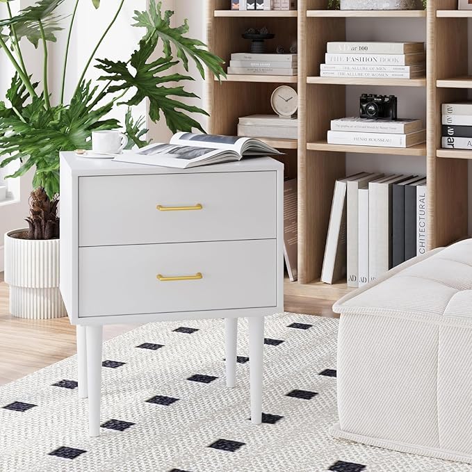 Set of 2 White Nightstand with 2 Drawers, Tall Night Stand with Gold Handles - Image 6