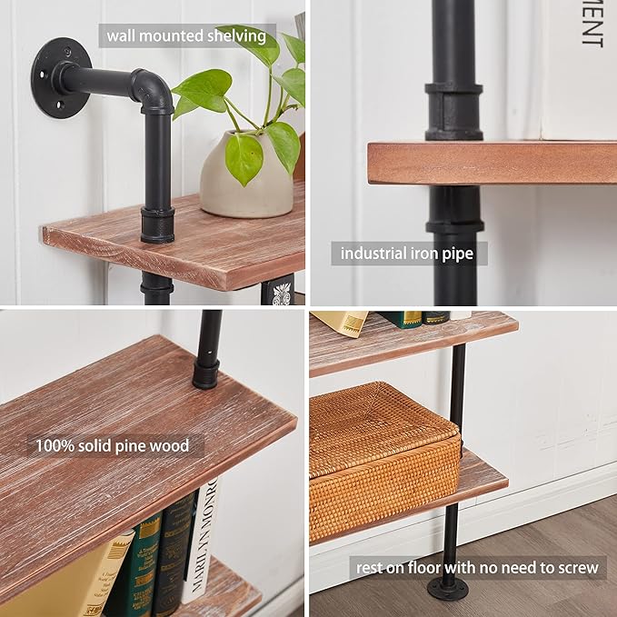 5 Tier Industrial Ladder Bookshelf, Wall Mounted Wood Metal Rustic Pipe Shelves - Image 6