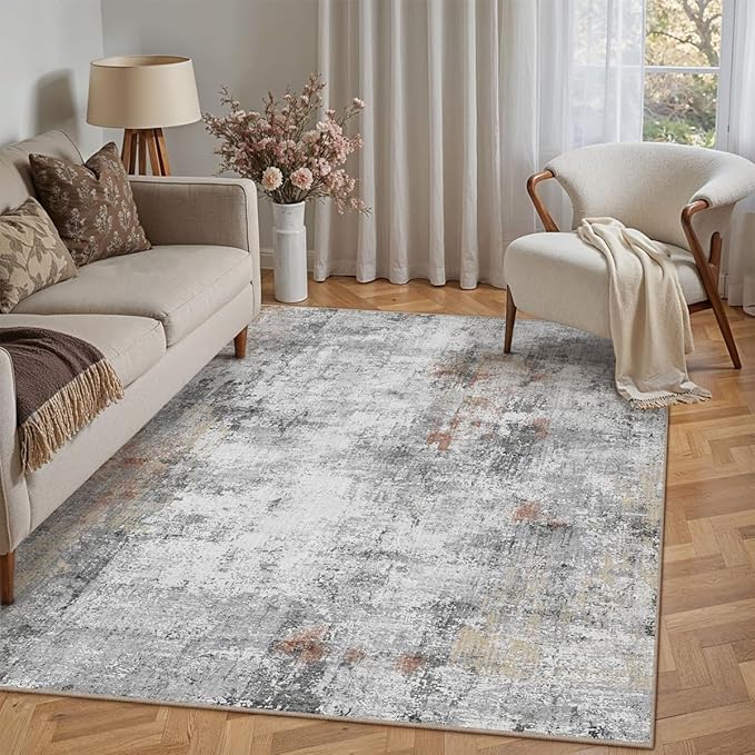 5x7 Washable Area Rug Grey Rust Modern Neutral Abstract Living Room Bedroom - Image 5