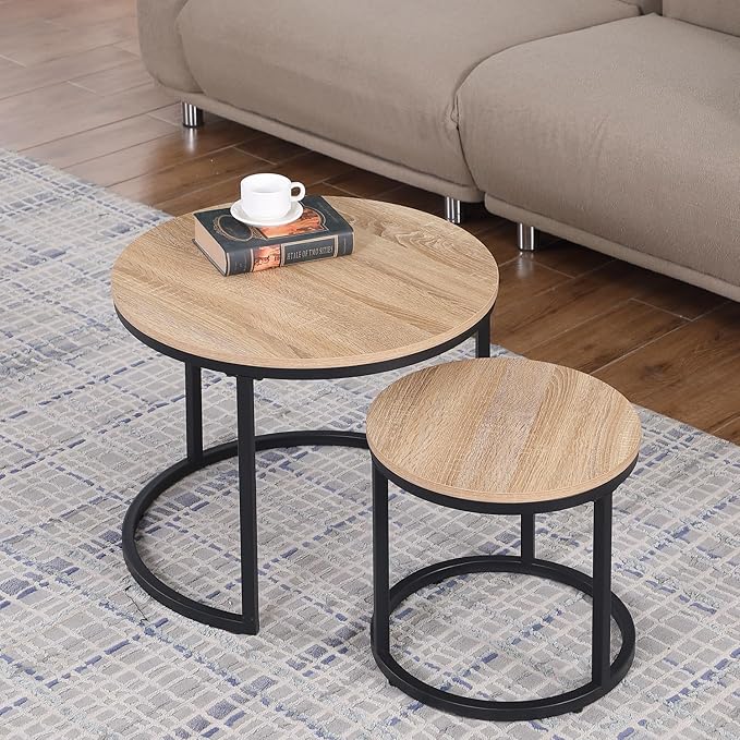 CENSI 24" Round Nesting Table, Accent Coffee Table, Natural Oak, Light Wooden - Image 4