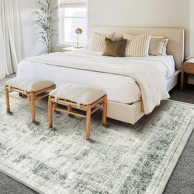 Area Rug 6'x9' Washable Floral Green Vintage Traditional Floor Cover Thin Retro - Image 3