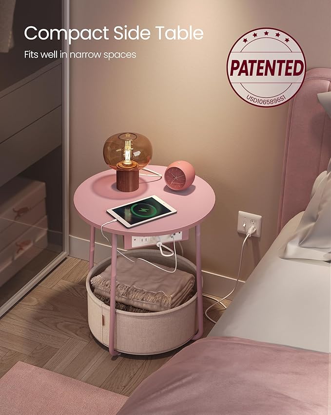 VASAGLE Side Table with Charging Station, Round End Table with Fabric Basket - Image 4