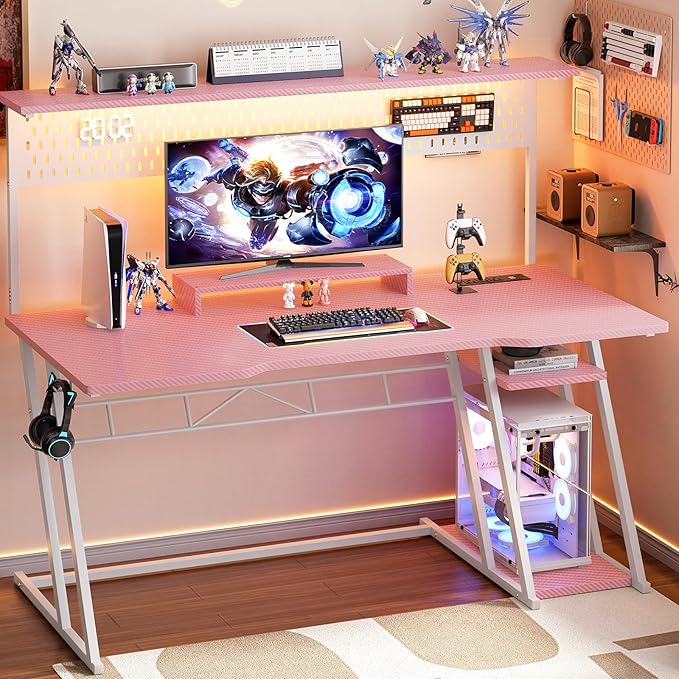 Armocity Pink Gaming Desk with Hutch and LED Lights, Reversible PC Gaming Desk - Image 2