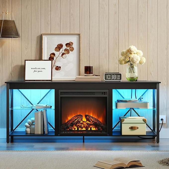 HOOBRO Fireplace TV Stand with Charging Station and LED Lights, TV Stand with - Image 4