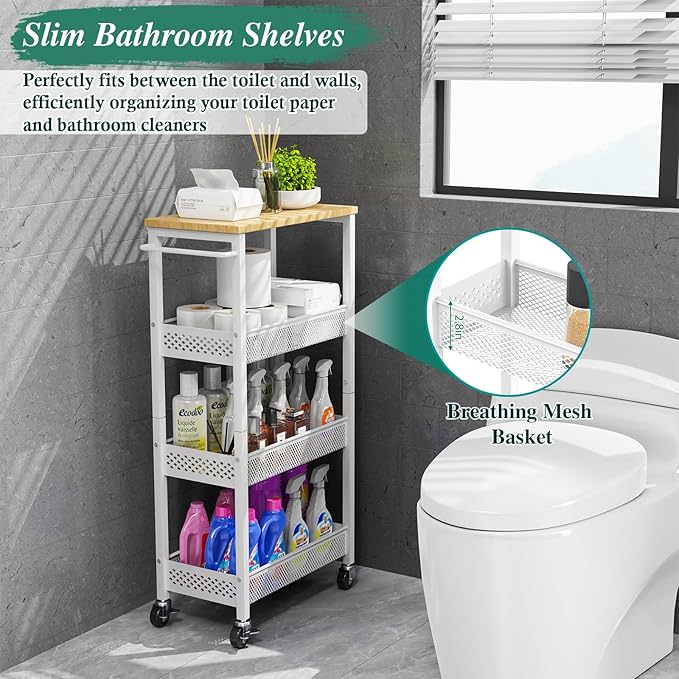 Utility Slim Storage Cart, 4-Tier Narrow Bathroom Organizers and Storage Cart - Image 3