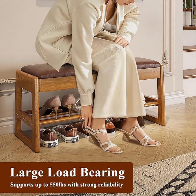 Shoe Rack Bench Seat Rubberwood 2-Tier Wooden Storage Bench 550lbs Compact - Image 5