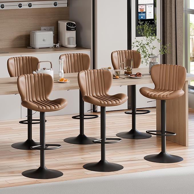 Shintenchi Bar Stools Set of 6 Modern Swivel Bar Chairs, Counter Height Faux - Image 3