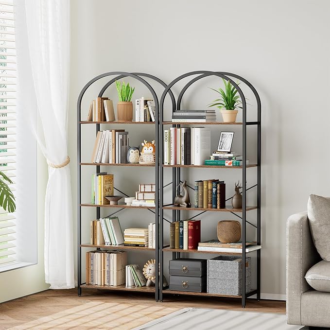Homhedy 5-Tier Bookshelf Arched Display Racks, Wood and Metal Bookcase - Image 4