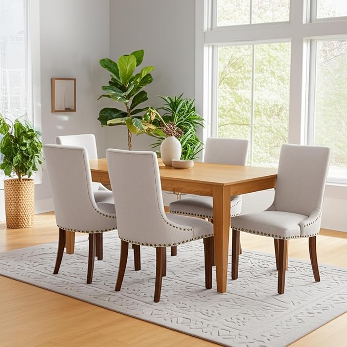 Set of 4 Beige Upholstered Dining Chairs – Farmhouse Kitchen Chairs by COLAMYINC