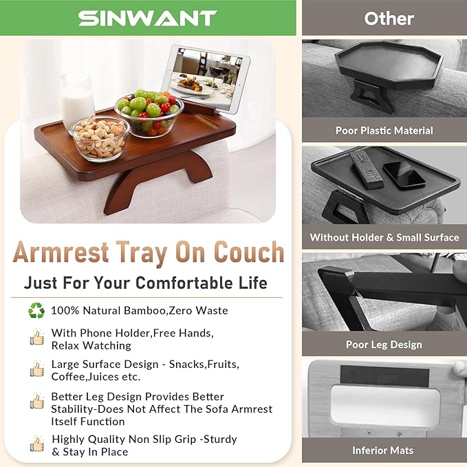 SINWANT Couch Arm Tray, Bamboo Couch Arm Table - Image 5