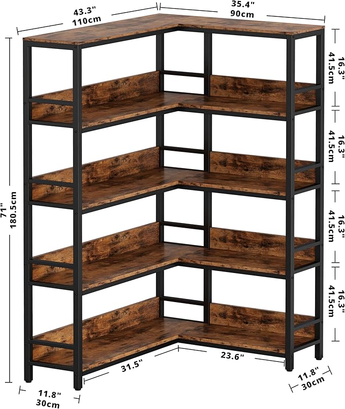 IRONCK Industrial Bookshelves 5 Tiers Corner Bookcases - Image 3