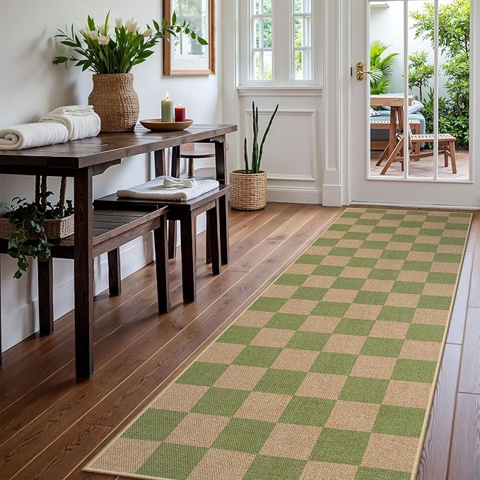 Lahome Checkered Entryway Runner Rug, 2x8 Green Washable Rug Runners - Image 2