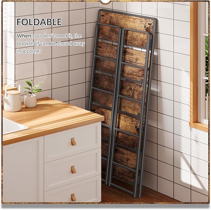 4NM No-Assembly 5 Tiers Folding Bookshelf Storage Shelves Vintage Bookcase - Image 4