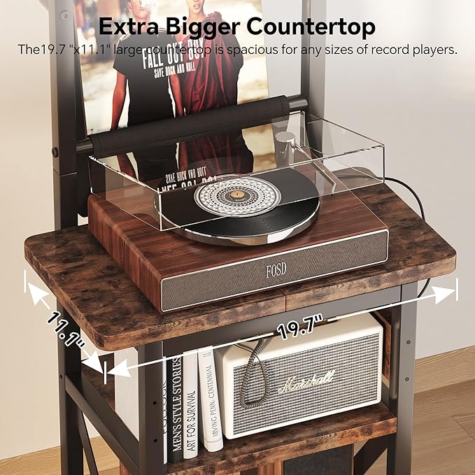 Record Player Stand with Power Outlet, 6 Tier Vinyl Record Display Shelf - Image 4