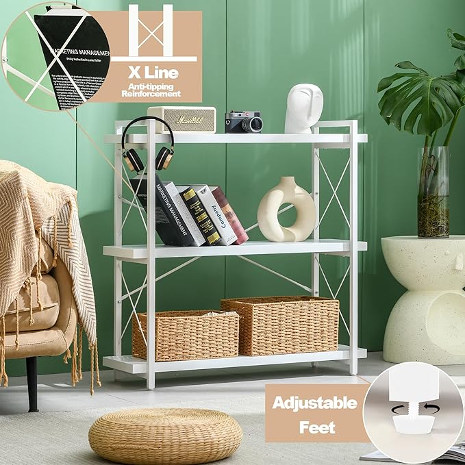 HCHQHS Bookshelf, 3-Tier Industrial Bookcase, Freestanding Horizontal - Image 6
