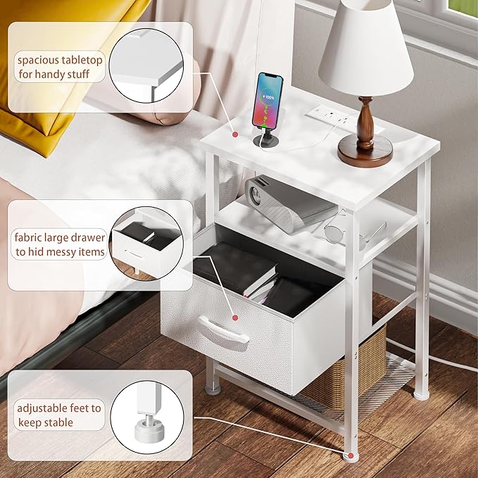 Nightstands Set of 2 with Charging Station and Drawer, End Table Bedside Table - Image 7