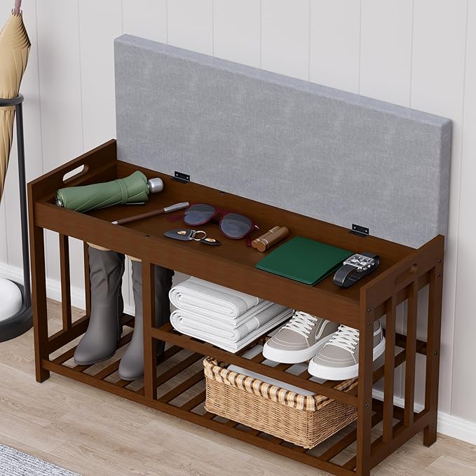 3-Tier Bamboo Shoe Rack Bench, Shoe Storage Organizer Bench, Entryway Benchs - Image 3