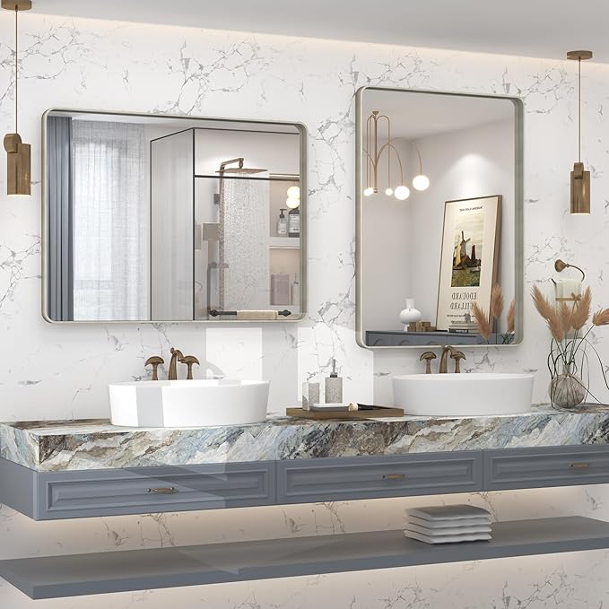 24x36 Silver Bathroom Mirror for Wall, Brushed Metal Framed Bathroom Vanity - Image 5