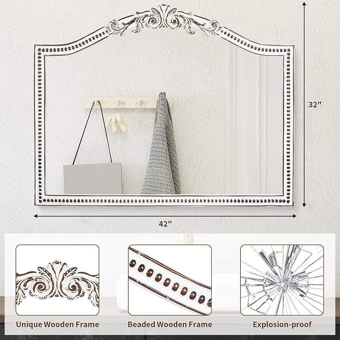 32x42 Inch Ornate Wooden Arched Wall Mirror, Rustic Farmhouse Decorative Wide - Image 3