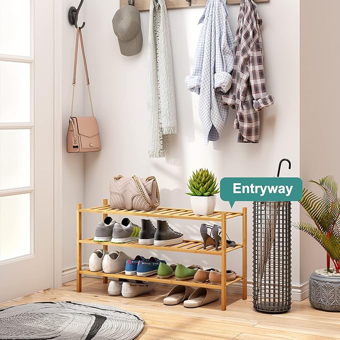3-Tier Long Shoe Rack, Bamboo Wood Shoe Rack - Image 4