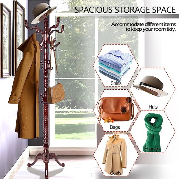 Coat Racks Free Standing with 14 Hooks, Natural Wood Coat Stands - Image 4
