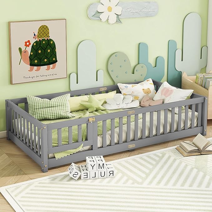 Bellemave Twin Floor Bed with Slats and Safety Guardrails, Kids Montessori - Image 4