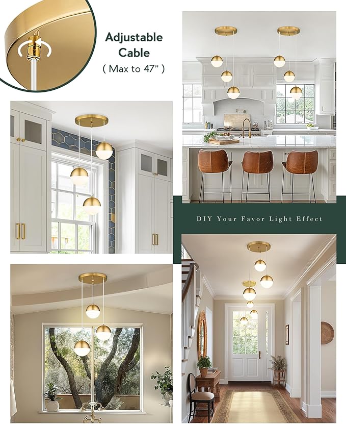 LMS Brushed Gold 3-Light Cluster Pendant Lights, Modern Kitchen Island Lighting - Image 5