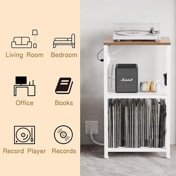 End Table with LED Light, Record Player Stand with Charging Station, Vinyl - Image 7