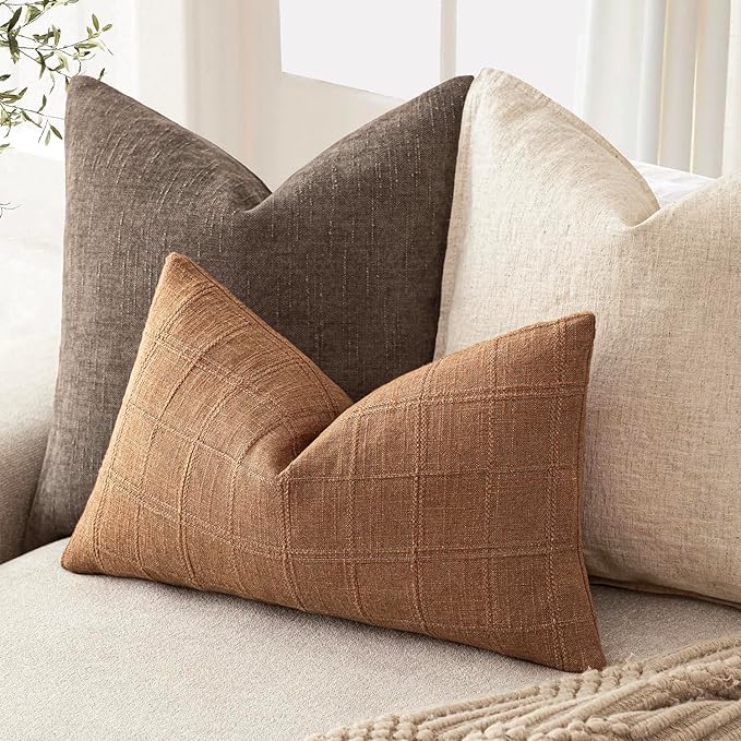 Foindtower Set of 2 Decorative Linen Check Throw Pillow Covers Neutral - Image 5