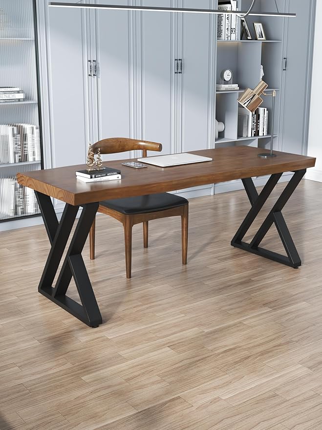 Solid Wood Desk 55 inches Wide Home Office Desk, Metal Modern Industrial - Image 5