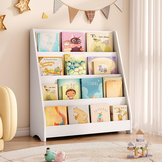 Tatub 4 Tier Kids Wooden Bookshelf, Toddler Sling Bookcase Montessori Bookshelf by Tatub