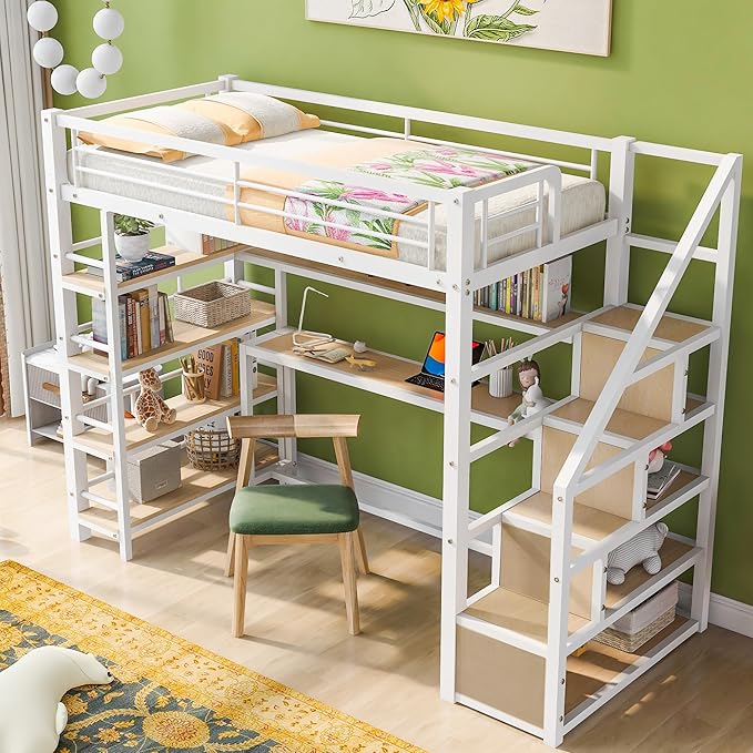 Twin Size Metal Loft Bed with Staircase, Full-Length Guardrails, a Built-in - Image 4