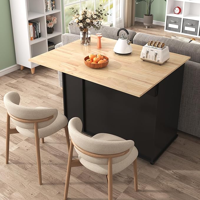 46" Kitchen Island with Drop Leaf, Dining Storage Cart W/ 3 Tier Pull Out - Image 8
