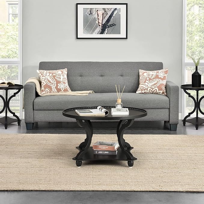 Wnutrees Farmhouse Round Coffee Table, Wood Tray Top Circle Coffee Table - Image 2
