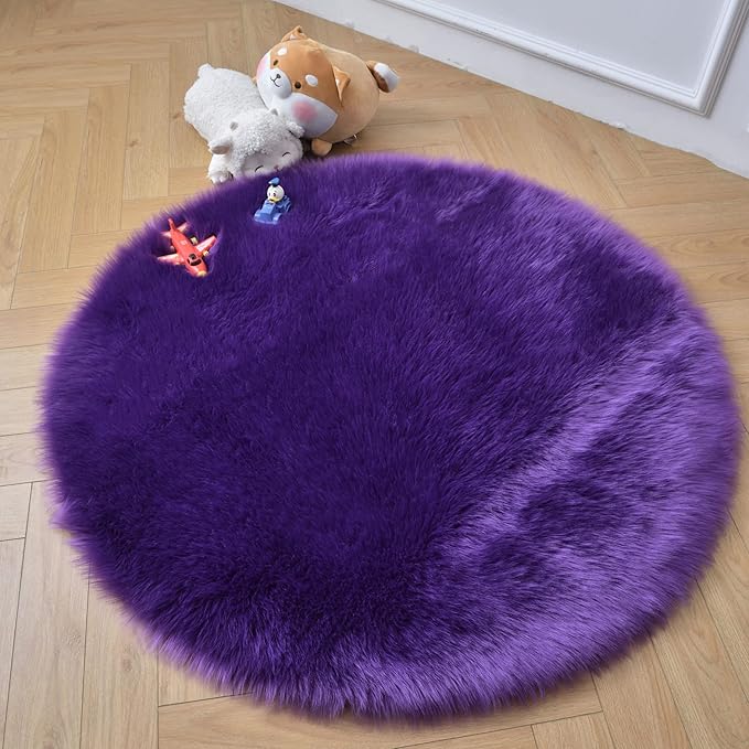 duduta Purple Faux Sheepskin Round Rug 4x4 ft, Fluffy Shag Fur Bedroom Nursery by Duduta